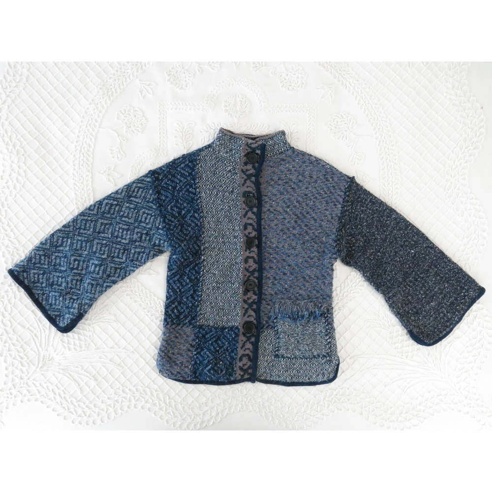 Coldwater Creek Womens Small Blue Patchwork Ramie Cotton Knit Cardigan Sweater